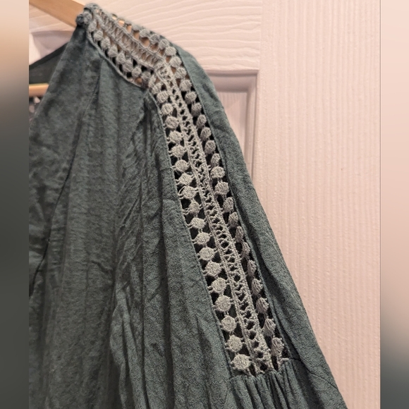 Lush Forest Green Laceup Eyelet Detail Smock Dress - Picture 3 of 6